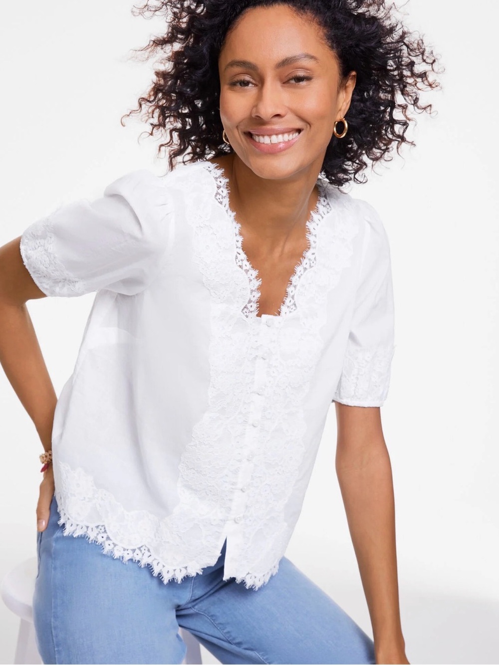 Talbots White Lace-Trim Button Front Blouse